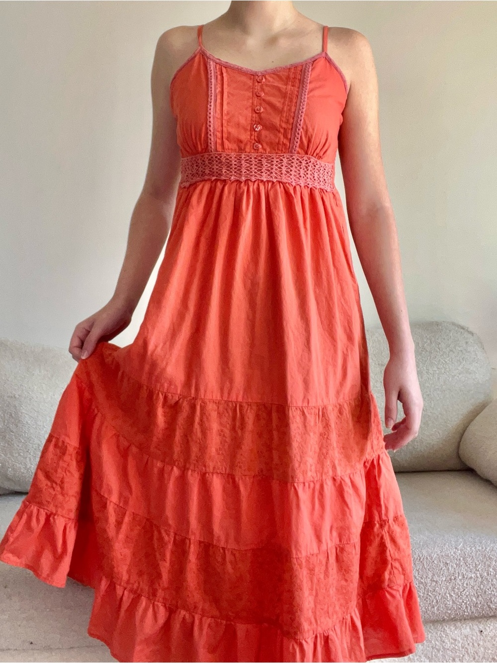 Spaghetti-Strap Coral Cottagecore Tiered Cotton Maxi Dress